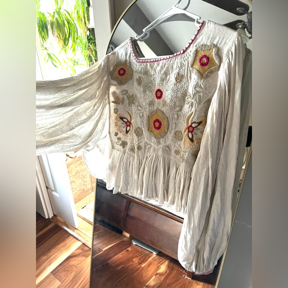 Free people Boho Embroidered Ivory Peasant Blouse with Floral Accents